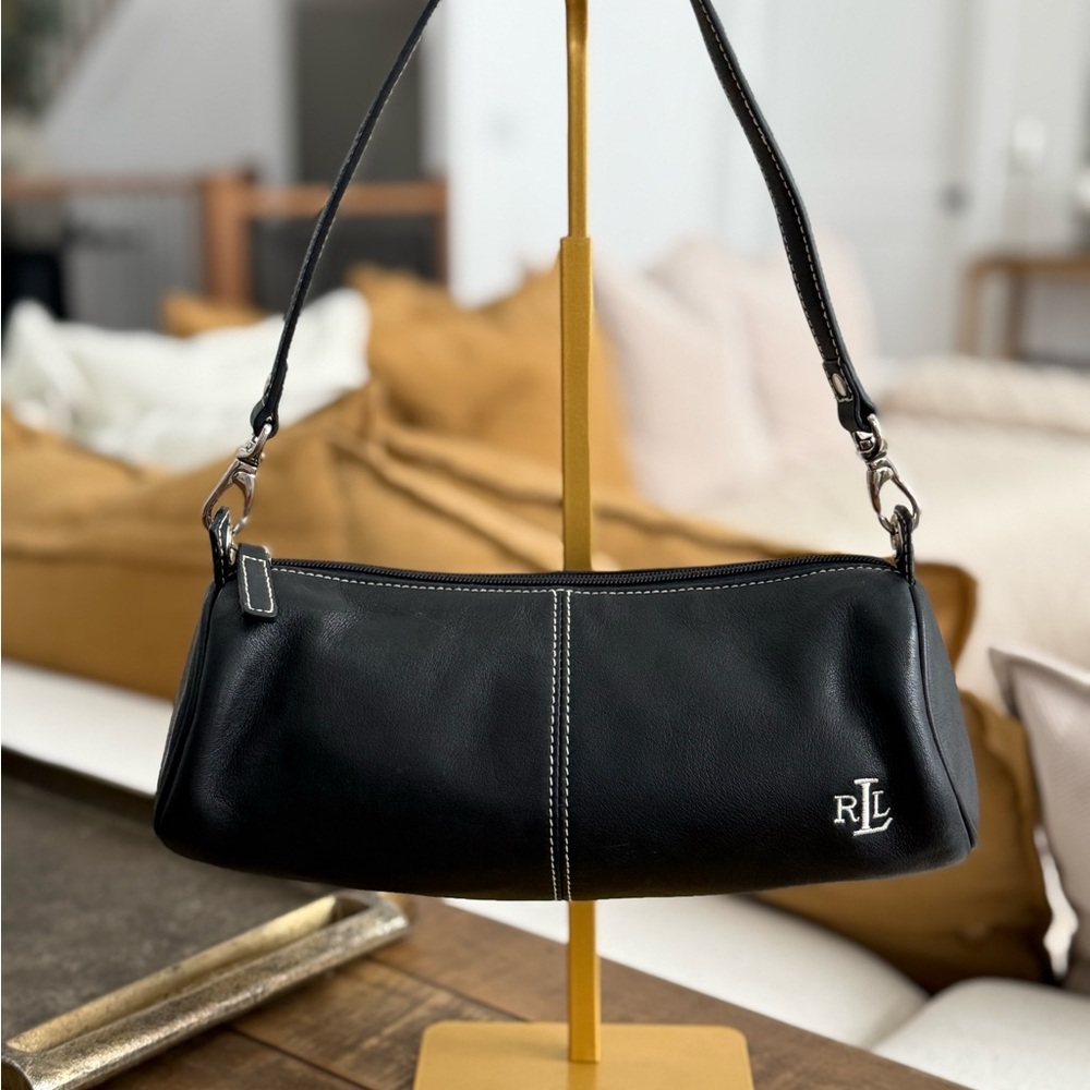 Ralph Lauren Black Leather Baguette Shoulder Bag Silver RL Logo Y2K
